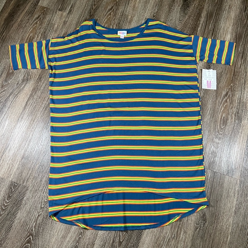 NWT Lularoe Irma Shirt Blue with Green/Yellow/orange stripes ,‎ sz:M